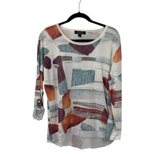 AZI Small Slub knit Roll tab Sleeve Tunic Top White Colorful Artsy Pattern Boho